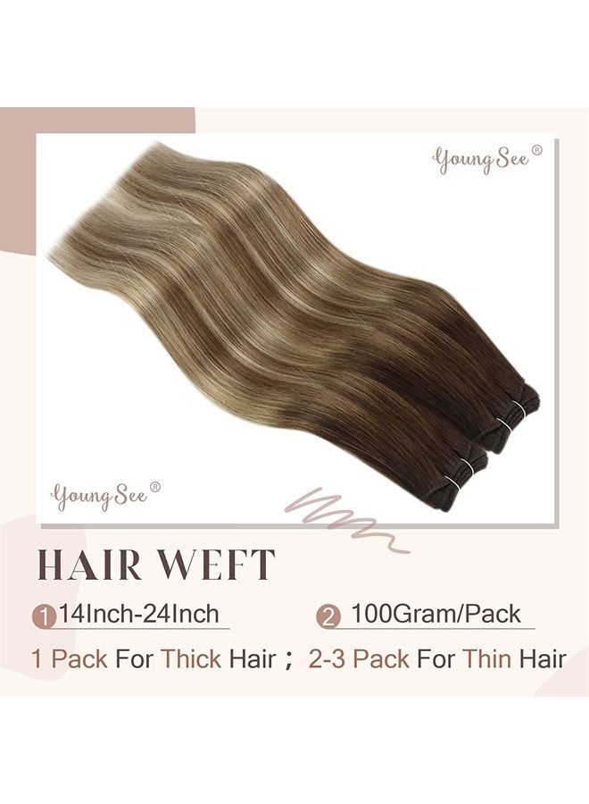 YoungSee Sew in Hair Extensions Real Human Hair Balayage Brown to Blonde Weft Hair Extensions Human Hair 20inch Double Weft Hair Extensions Brown Balayage Hair Extensions Sew in Hair Bundles 100g - Image 2