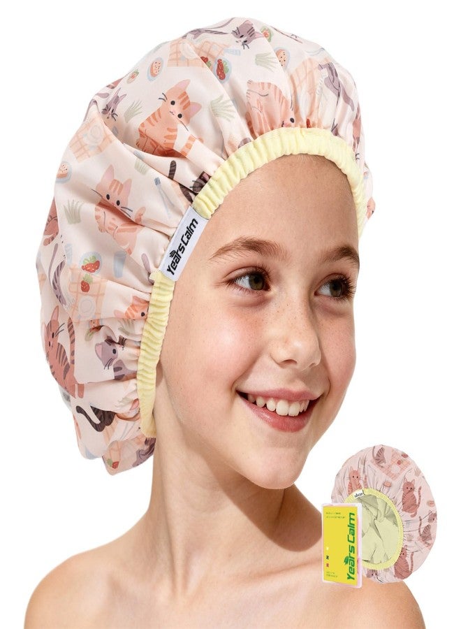 Years calm Kids Shower Cap, Waterproof Reusable Cartoon Bath Cap with Double Layers & Soft Elastic Band, Washable Shower Hat for Boys and Girls, Great for Daily Bath (Cat, One Size) - Image 1