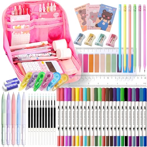 Ristpal 56 PCS Aesthetic School Supplies with Large Pencil Case 24 Double Brush Marker Pens 5 Black Ink Gel Pens 6 Macaron Pencils 4 Sharpeners Sticky Notes Ruler Erasers Stationery Gift - Image 1