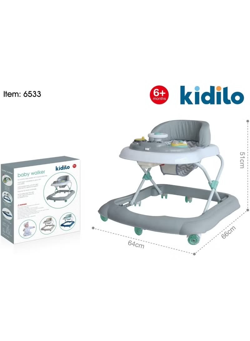 Kidilo Baby Walker – Adjustable Height, Foldable Design, Anti-Slip Base, Ergonomic Seat, Toy Activity Tray with Music, Supports Baby's Walking, Coordination, and Motor Skills Development