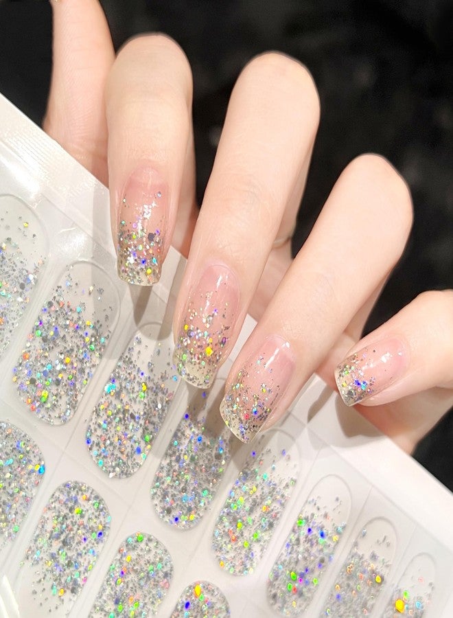 LIFOOST Semi Cured Gel Nail Strips Glitter French Tip Clear Nail Art Stickers Salon-Quality Easy to Apply Nail Wraps - Image 1