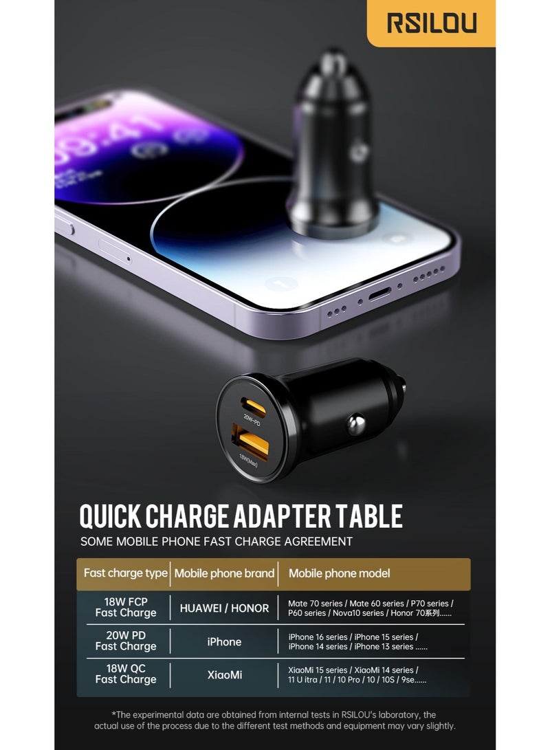 RSILOU R4505 20W Dual-Port Fast Car Charger – USB & Type-C, Compatible with iPhone 14/13/12, Samsung Galaxy S23/S22, Huawei, Xiaomi & All PD/QC Devices - Image 5