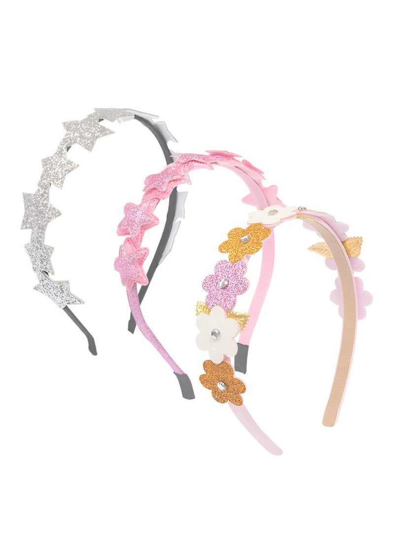 Loquat Glitter Headbands for Girls, 3 Pack Silver Star Pink Headband Little Girls Hair Accessories, Cute Toddler Headband Sparkly Hair Bands for Kids, Children, Teens, Women - Image 1