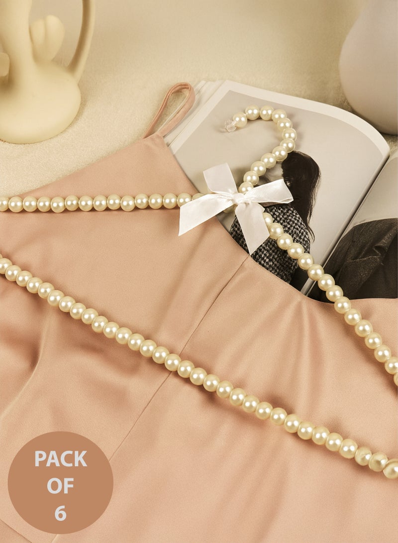 6-Pack 40cm Pearl Clothes Hanger with White Ribbon Bowknot | Beaded Plastic Hangers | Space-Saving Closet Organizer Hooks for Dresses, Pants, Coats, Pants, Shorts and Scarves - Image 1