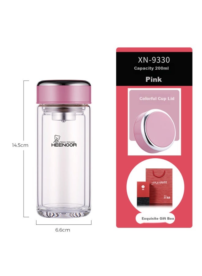 Heenoor Xino Double-layer Glass Cup For Home And Office Use, Water Cup For Women, Stylish Filtered Tea Cup Xn-9330 Pink 200ml - Image 1