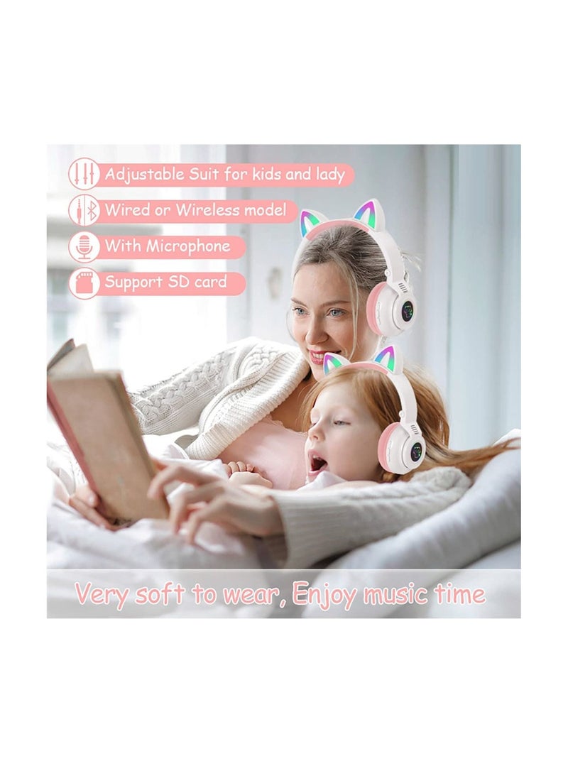 Generic - Kids Headphones Cat Ear LED Light Up Foldable Bluetooth Headphone for Kids 2 in 1 Wired Wireless Mode HD Stereo Sound for PC Phone iPad Study Travel - Image 1