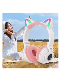 Kids Headphones Cat Ear LED Light Up Foldable Bluetooth Headphone for Kids 2 in 1 Wired Wireless Mode HD Stereo Sound for PC Phone iPad Study Travel
