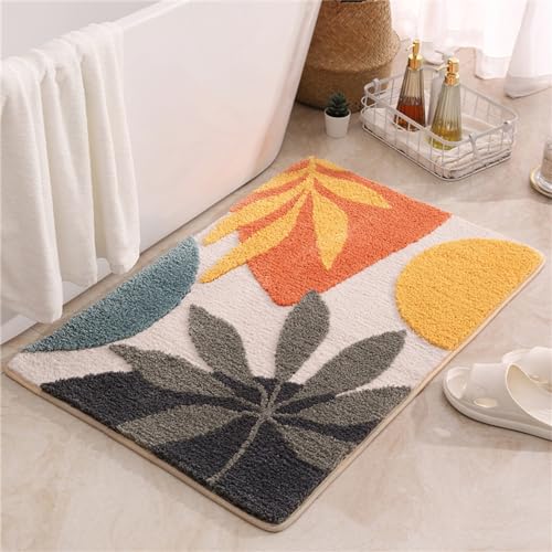 mamrug Bath mat Rug Boho Plant Abstract Art Leaf Colorful Washable Bathroom Rugs,Non-Slip Shaggy Water Absorbent Flocking Microfiber Soft Fluffy Botanical Bathmats Doormats Rectangle Small 15x23 inch - Image 1