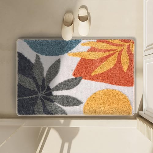 mamrug Bath mat Rug Boho Plant Abstract Art Leaf Colorful Washable Bathroom Rugs,Non-Slip Shaggy Water Absorbent Flocking Microfiber Soft Fluffy Botanical Bathmats Doormats Rectangle Small 15x23 inch - Image 2