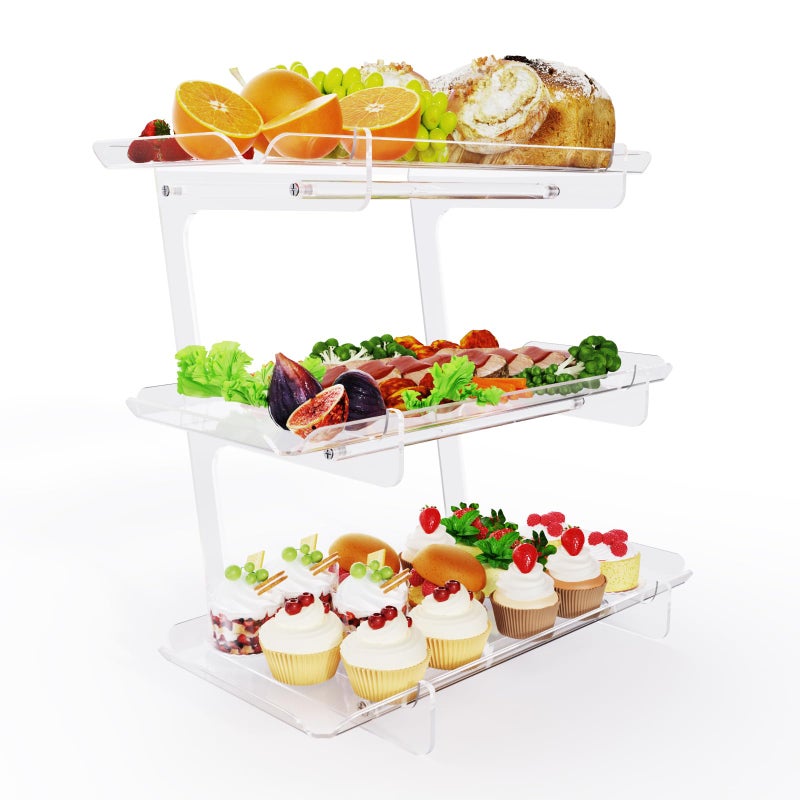 BEST MEDIA 3 Tier Acrylic Serving Tray, Display Stand for Fruits Cupcakes, Catering and Buffet Table Presentations, Reusable Tiered Platters, Clear - E-Shape - 38.8L x 26.4W cm