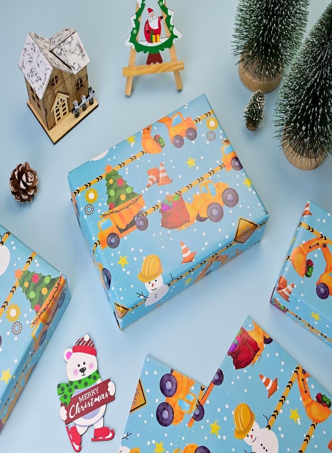 Vnaaem Construction Christmas Wrapping Paper for Boys Kids - Snowman Tractor Christmas Trees Design Gift Wrap for Holiday Party Baby Shower Winter Birthday, 19.6 X 27.8Inch Per Sheet(6 Sheets) - Image 2