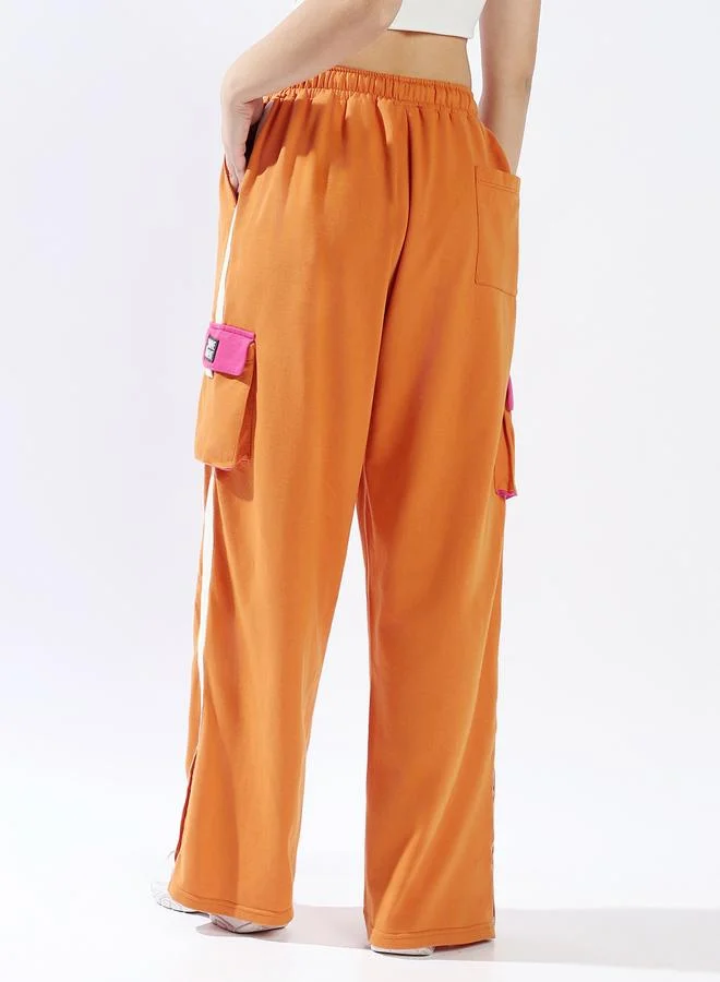 Hubberholme Women's Orange 100% Cotton Colourblocked Full Length Casual Jogger Track Pant