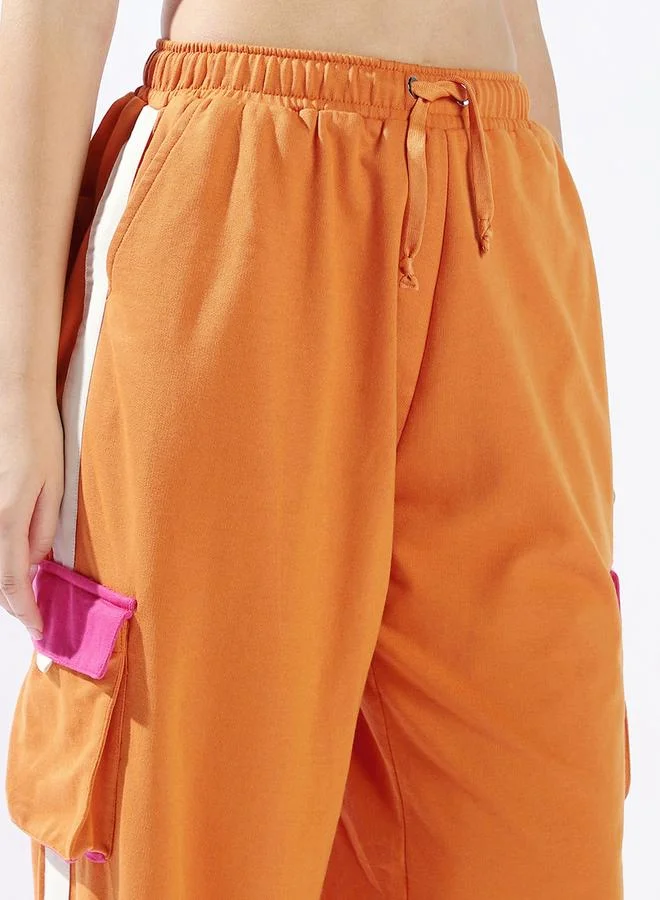 Hubberholme Women's Orange 100% Cotton Colourblocked Full Length Casual Jogger Track Pant