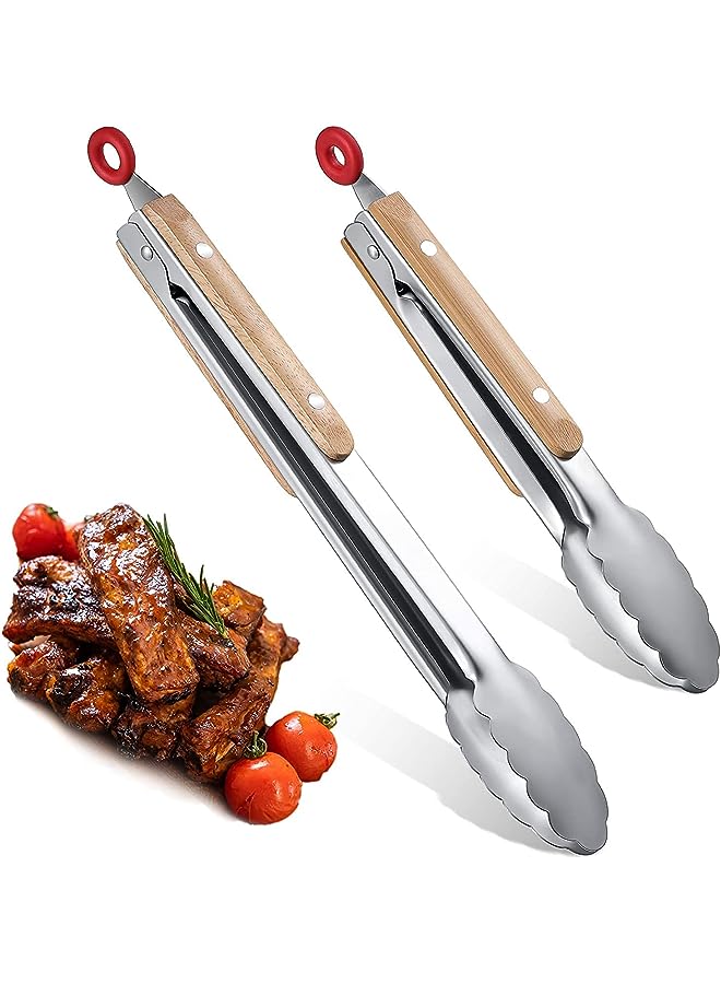 IAF 2 Pieces Barbecue Tongs Stainless Steel Bbq Tongs With Oak Wood Handle Kitchen Cooking Tongs Locking Food Tongs For Cooking, Eating, Grilling And Salads (9 Inch, 12 Inch) - Image 1