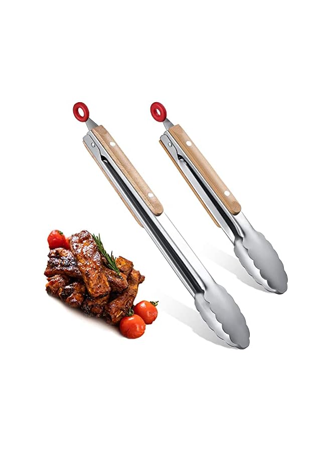 IAF 2 Pieces Barbecue Tongs Stainless Steel Bbq Tongs With Oak Wood Handle Kitchen Cooking Tongs Locking Food Tongs For Cooking, Eating, Grilling And Salads (9 Inch, 12 Inch) - Image 2