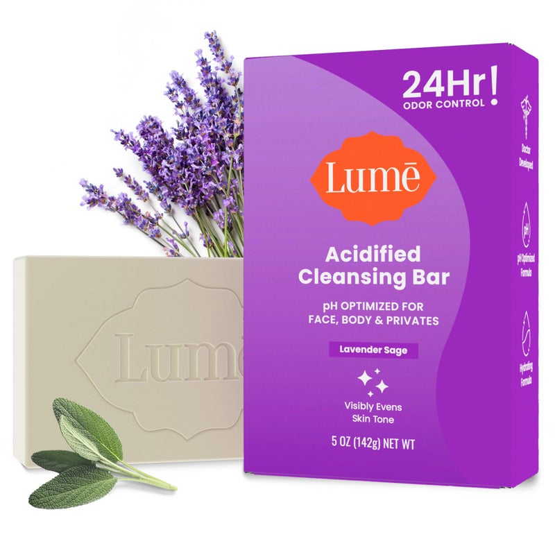 Lume Acidified Body Cleansing Bar - 24 Hour Odor Control - Removes Odor Better than Soap - Moisturizing Formula - Formulated Without SLS and Parabens - OB/GYN Developed - 5 ounce (Lavender Sage) - Image 1