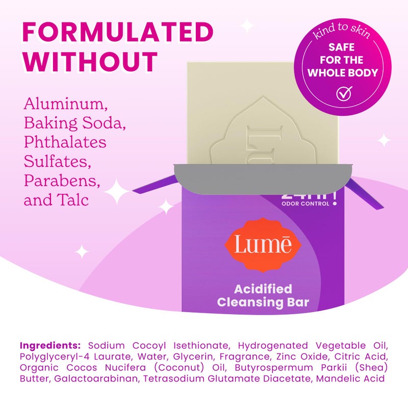 Lume Acidified Body Cleansing Bar - 24 Hour Odor Control - Removes Odor Better than Soap - Moisturizing Formula - Formulated Without SLS and Parabens - OB/GYN Developed - 5 ounce (Lavender Sage) - Image 4