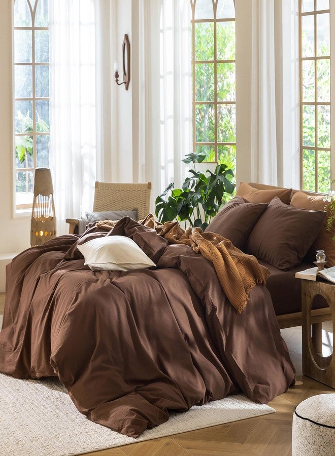 مومى طقم غطاء لحاف من مومي، مصنوع من القطن المغسول بنسبة 100%، ذو ملمس يشبه الكتان، يسمح بمرور الهواء، متين، ناعم ومريح (لون بني كاكاو سادة، مقاس كامل 80 × 90 بوصة). - Image 3