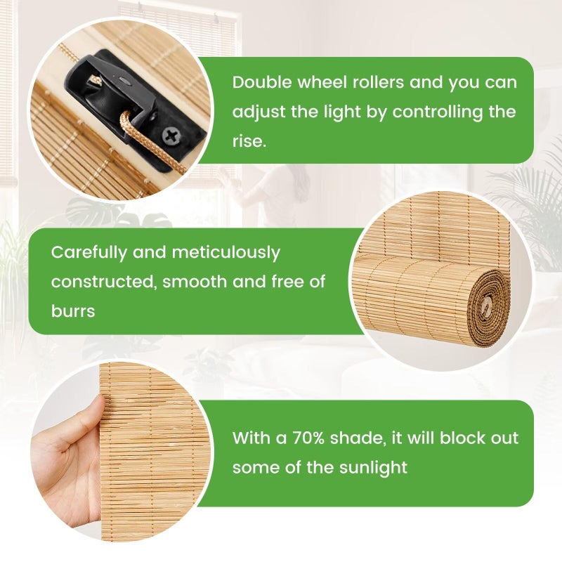 BAYUE Bamboo Blinds, Easy to Install Bamboo Shades for Indoor Windows, Custom Sizes Roller Shades for Indoor Windows, Roll Up Blinds Indoor Outdoor Patio - Image 2