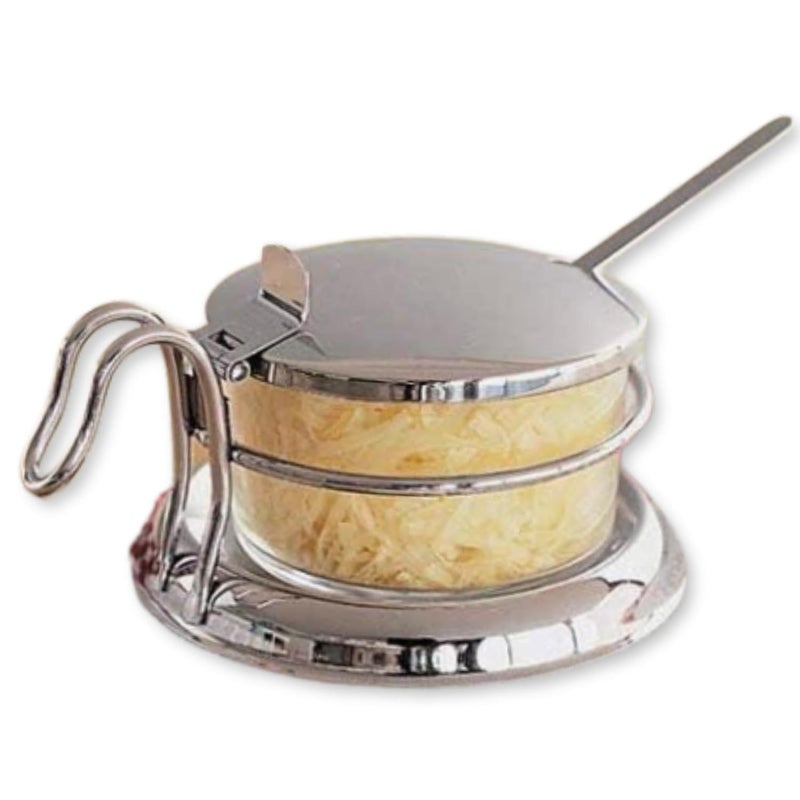 Tablecraft 357 Condiment Jar Set with Spoon, 6 oz Clear Glass Jar with 18-8 Stainless Steel Lid, Spoon and Holder, Polished Tabletop Dispenser for Home or Restaurant Use - Image 1