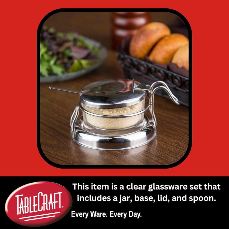 Tablecraft 357 Condiment Jar Set with Spoon, 6 oz Clear Glass Jar with 18-8 Stainless Steel Lid, Spoon and Holder, Polished Tabletop Dispenser for Home or Restaurant Use - Image 3