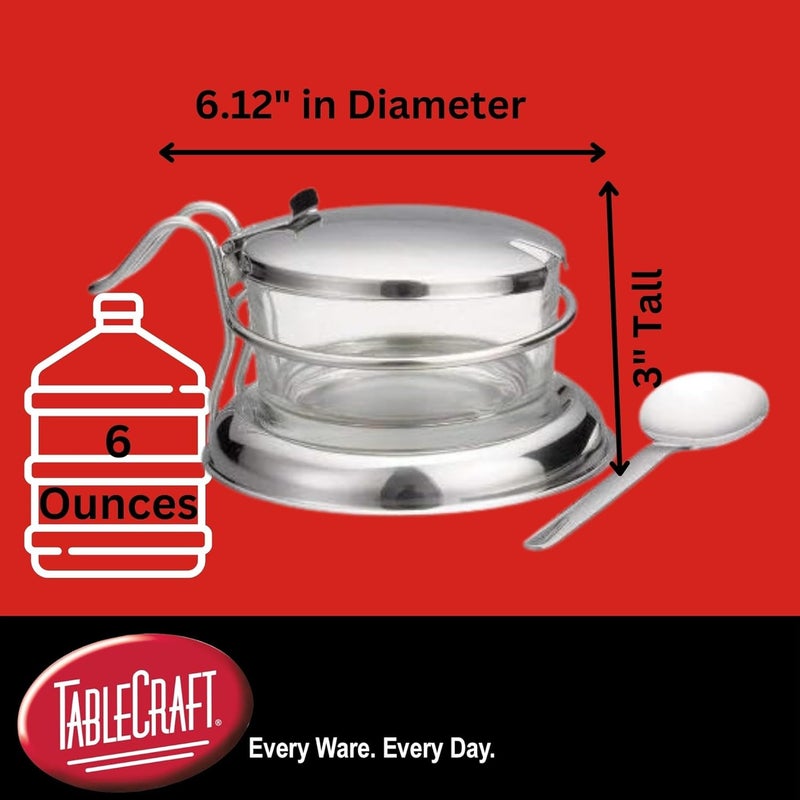 Tablecraft 357 Condiment Jar Set with Spoon, 6 oz Clear Glass Jar with 18-8 Stainless Steel Lid, Spoon and Holder, Polished Tabletop Dispenser for Home or Restaurant Use - Image 2