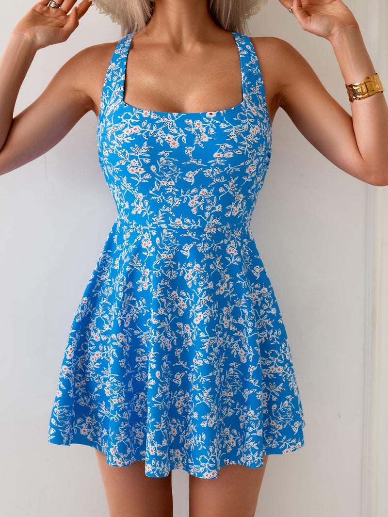 B2prity Women's One Piece Swimdress Swimsuit Tummy Control Swim Dress Modest Full Coverage Bathing Suit with Side Pocket Blue Print - Image 5