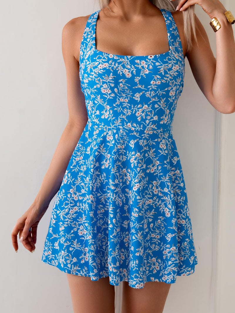 B2prity Women's One Piece Swimdress Swimsuit Tummy Control Swim Dress Modest Full Coverage Bathing Suit with Side Pocket Blue Print - Image 4