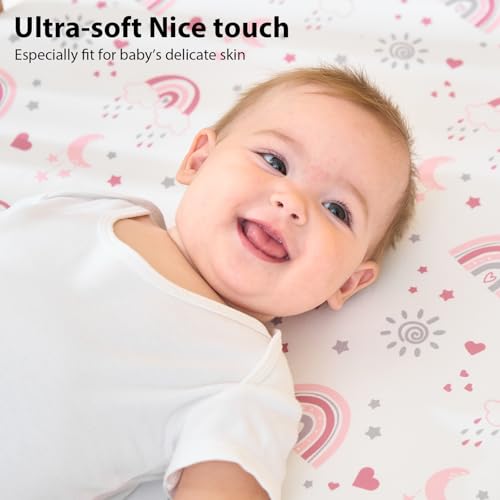FIEMOL Baby Bedside Bassinet Sheets Fitted Girl 33x20 Compatible with Baby Delight Dream On Me Most Rectangle Bedside Sleeper Bassinet Mattresses Super Soft Microfiber Pink Rainbow - Image 3