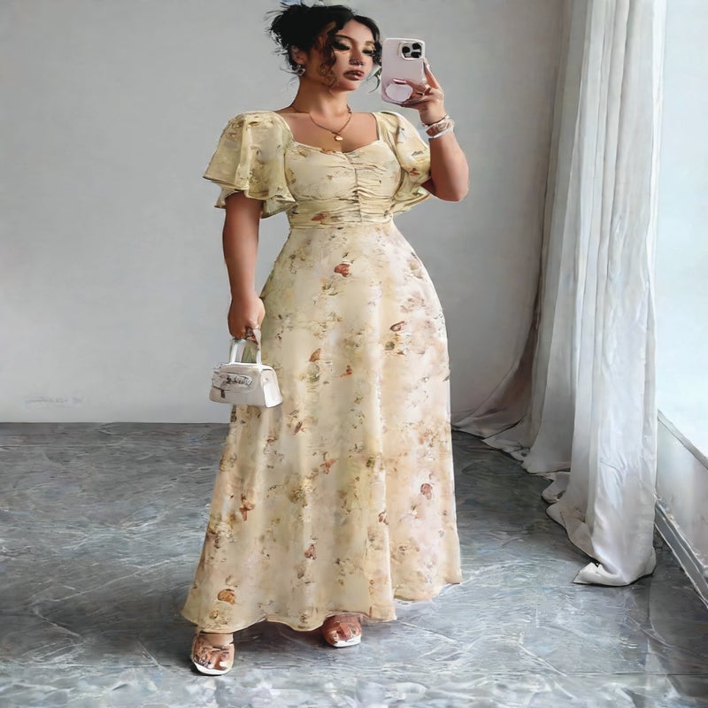 Women's Printed Square Neck Short Sleeve Chiffon Dress Summer Fashion - Image 3