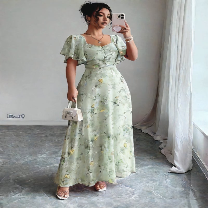 Women's Printed Square Neck Short Sleeve Chiffon Dress Summer Fashion - Image 2