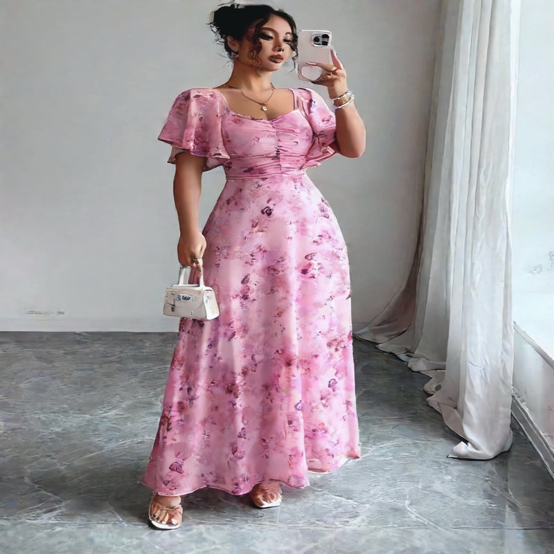 Women's Printed Square Neck Short Sleeve Chiffon Dress Summer Fashion - Image 1