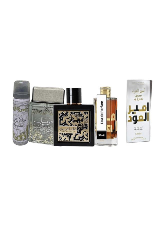 Lattafa Ameer Al Oudh Intense Oud Eau De Parfum 100ml, Lattafa 2-Piece Pure Musk Gift Set (1 Khalish Musk EDP 100ml, 1 Deo Spray 75ml), and Qaed Al Fursan EDP 90ml.  - Image 1