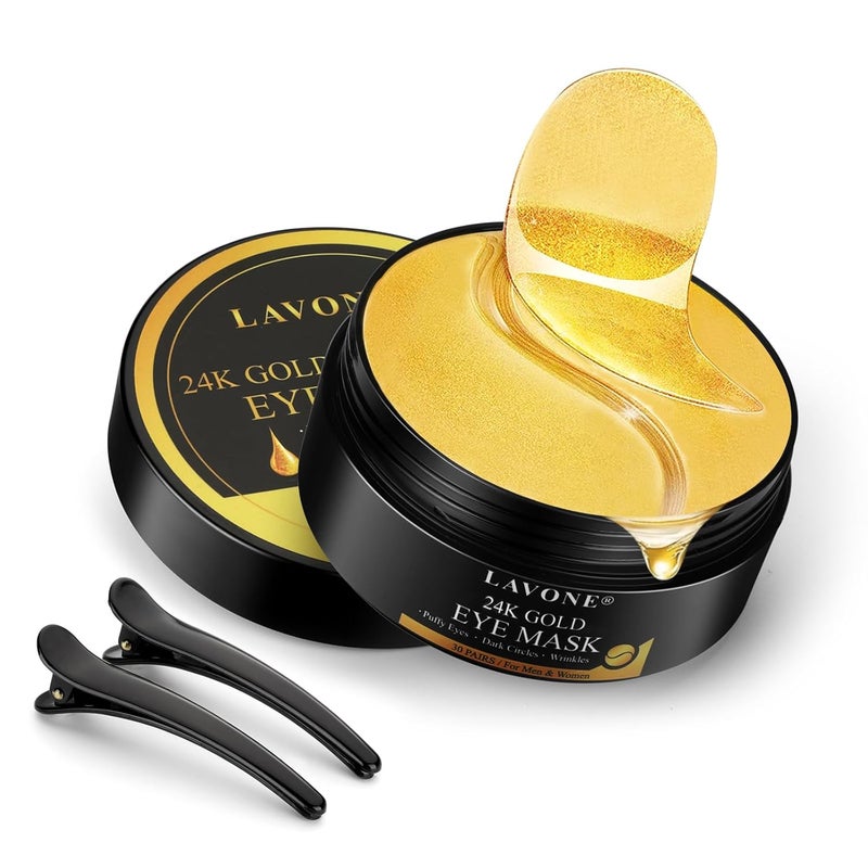 LAVONE LAVONE Eye Mask30 Pairs 24K Gold Under Eye Patches Skin Care ProductsEye Masks Skincare for Dark Circles and PuffinessReduce WrinklesEye Bags and Fine Linesfor Women and Manwith Hair Clips 