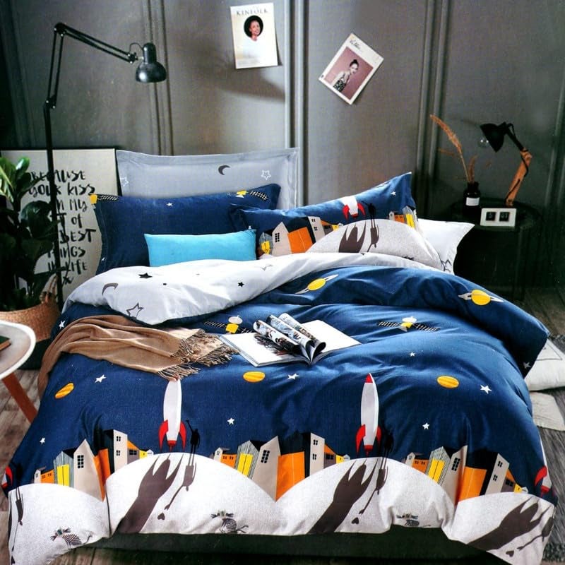 CLICKCART Glace Cotton Skin Friendly Prime Collection Ultrasoft Cartoon Print for Kids Flat Double Bedsheet with 2 Pillow Covers Multicolour 90 x 100 Inch Space Ship Kidzee2  - Image 1