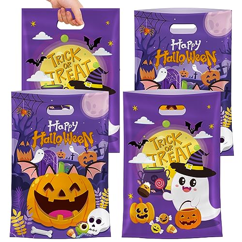 PERFQU 40 Pcs Happy Halloween Treat Bags with Handles-Trick or Treat Halloween Goodie Bags for Kids, Cute Ghost Pumpkin Halloweens Plastic Candy Goody Gift Bags for Halloweens Party Decorations Supplies Favors - Image 1