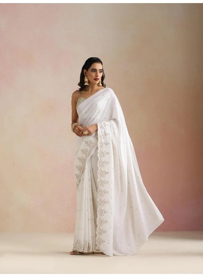 trueBrowns  trueBrowns Ivory All Over Zari Embroidered Saree With Unstitched Blouse for Women | Best Price UAE