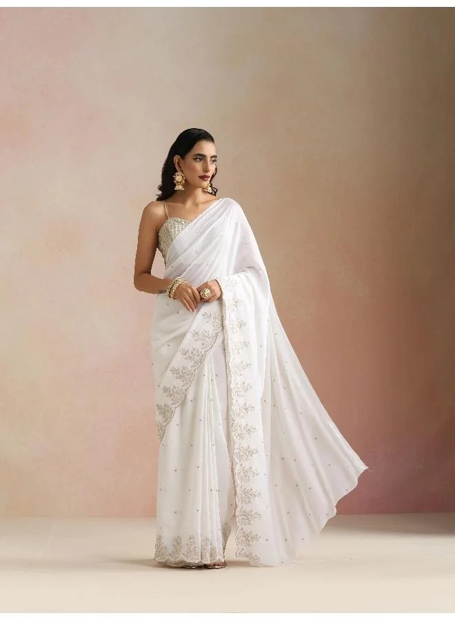 trueBrowns  trueBrowns Ivory All Over Zari Embroidered Saree With Unstitched Blouse for Women | Best Price UAE