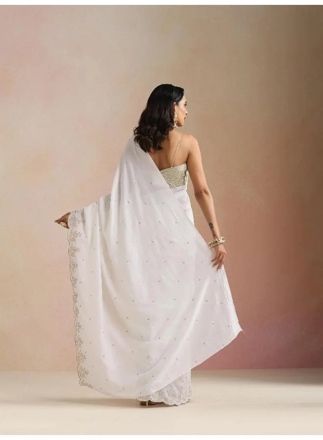 trueBrowns  trueBrowns Ivory All Over Zari Embroidered Saree With Unstitched Blouse for Women | Best Price UAE