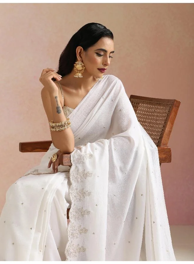 trueBrowns  trueBrowns Ivory All Over Zari Embroidered Saree With Unstitched Blouse for Women | Best Price UAE
