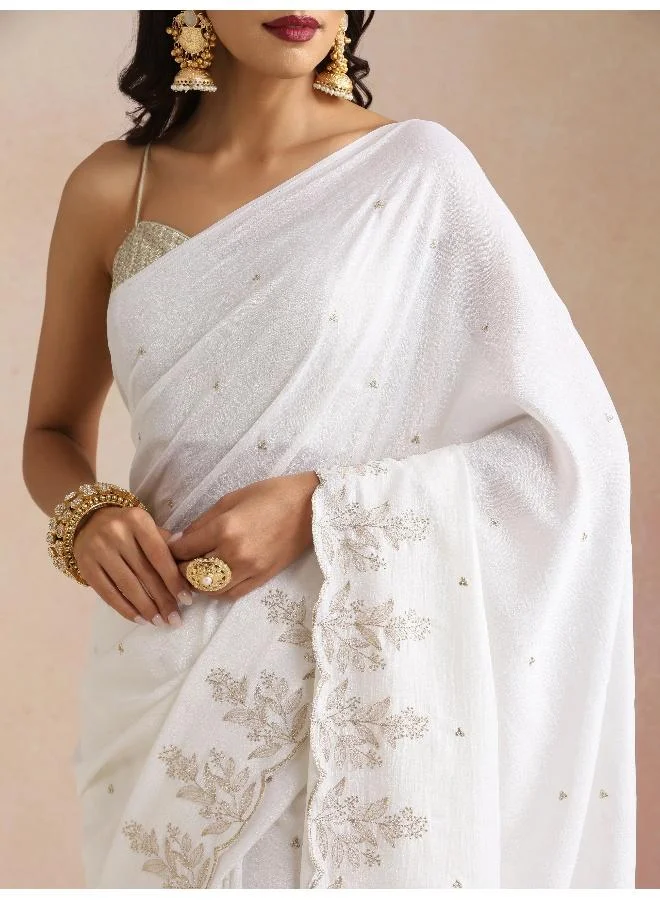 trueBrowns  trueBrowns Ivory All Over Zari Embroidered Saree With Unstitched Blouse for Women | Best Price UAE