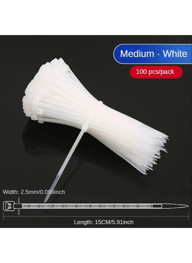 أربطة كابلات ذاتية القفل بيضاء متوسطة الحجم 100 قطعة، أربطة أسلاك قابلة للتعديل متينة - Image 1