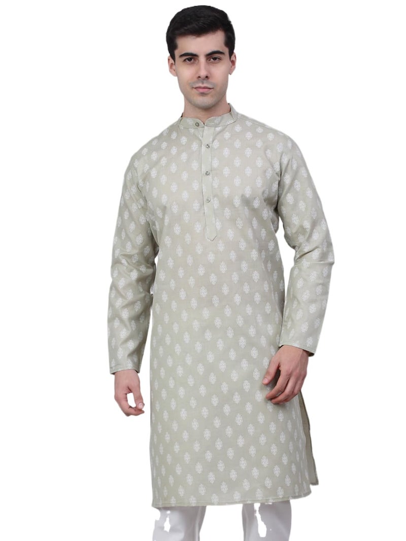 Jompers Men's Cotton Floral Printed Kurtas (Grey, L) - Image 1