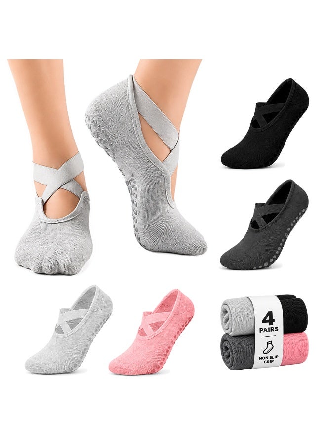 Bernessi Yoga Socks for Women, 4 Pairs Non-Slip Grip Socks, Cross Design, Black, Gray, Dark Gray & Pink, Pilates, Barre, Ballet, Dance, Workout & Home - Image 1