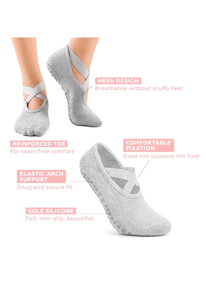 Bernessi Yoga Socks for Women, 4 Pairs Non-Slip Grip Socks, Cross Design, Black, Gray, Dark Gray & Pink, Pilates, Barre, Ballet, Dance, Workout & Home - Image 2