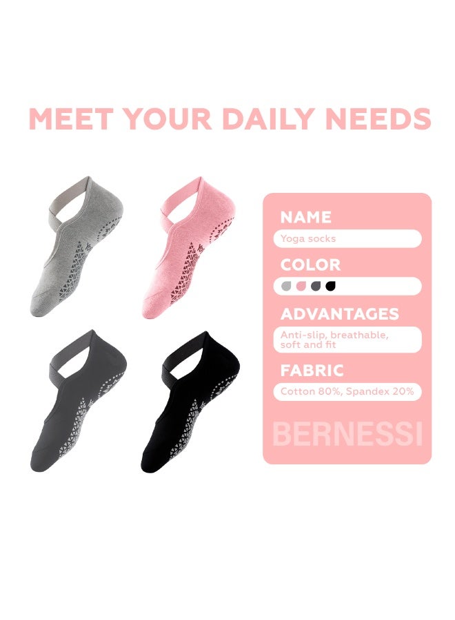 Bernessi Yoga Socks for Women, 4 Pairs Non-Slip Grip Socks, Cross Design, Black, Gray, Dark Gray & Pink, Pilates, Barre, Ballet, Dance, Workout & Home - Image 3