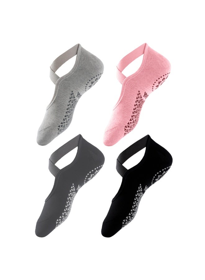 Bernessi Yoga Socks for Women, 4 Pairs Non-Slip Grip Socks, Cross Design, Black, Gray, Dark Gray & Pink, Pilates, Barre, Ballet, Dance, Workout & Home - Image 4