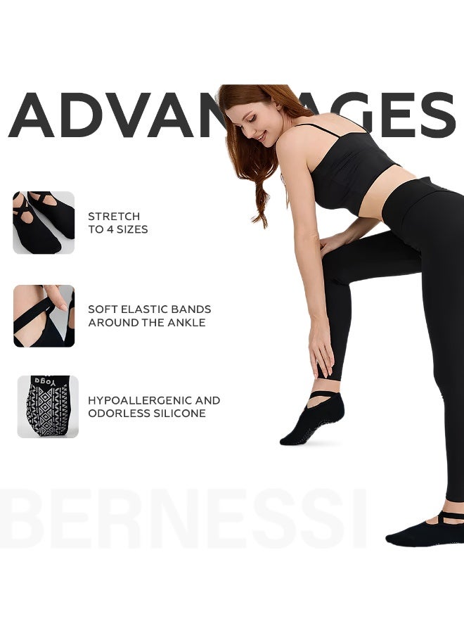 Bernessi Yoga Socks for Women, 4 Pairs Non-Slip Grip Socks, Cross Design, Black, Gray, Dark Gray & Pink, Pilates, Barre, Ballet, Dance, Workout & Home - Image 5