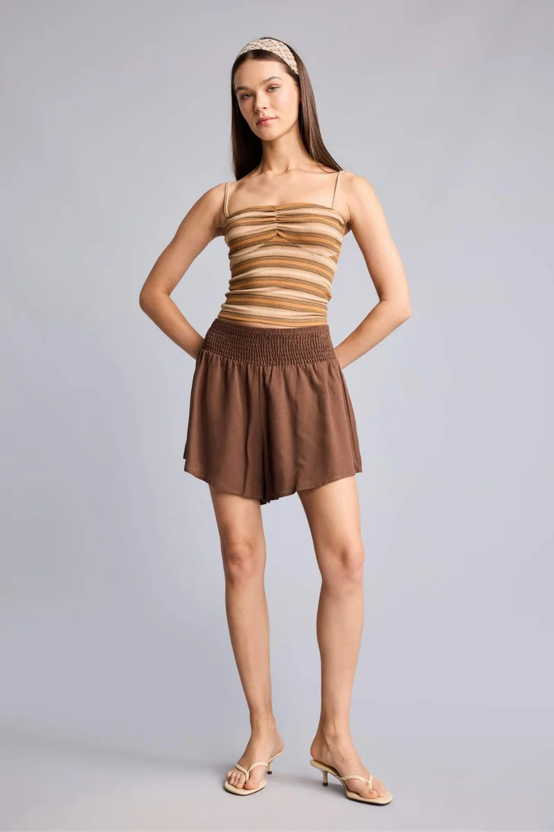 ديفاكتو Fitted Strapless Ribbed Beige Tank Top