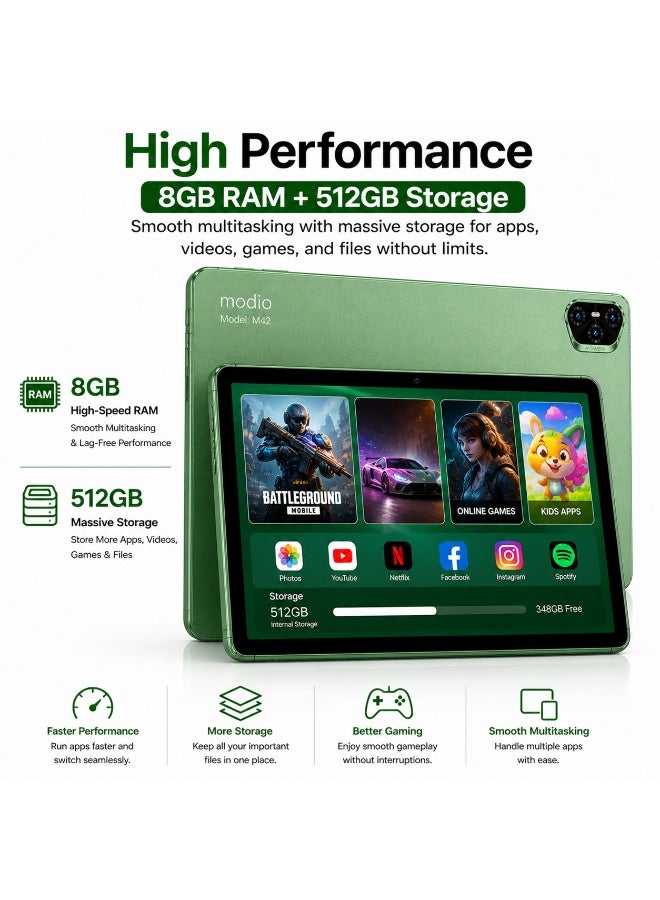 Modio Tab M42 Tablet 10.1" IPS HD, 8GB RAM 512GB Storage, Android 13, 10000mAh, Dual SIM WiFi, 13MP Camera, Keyboard Mouse Pen Bundle – Green - Image 4